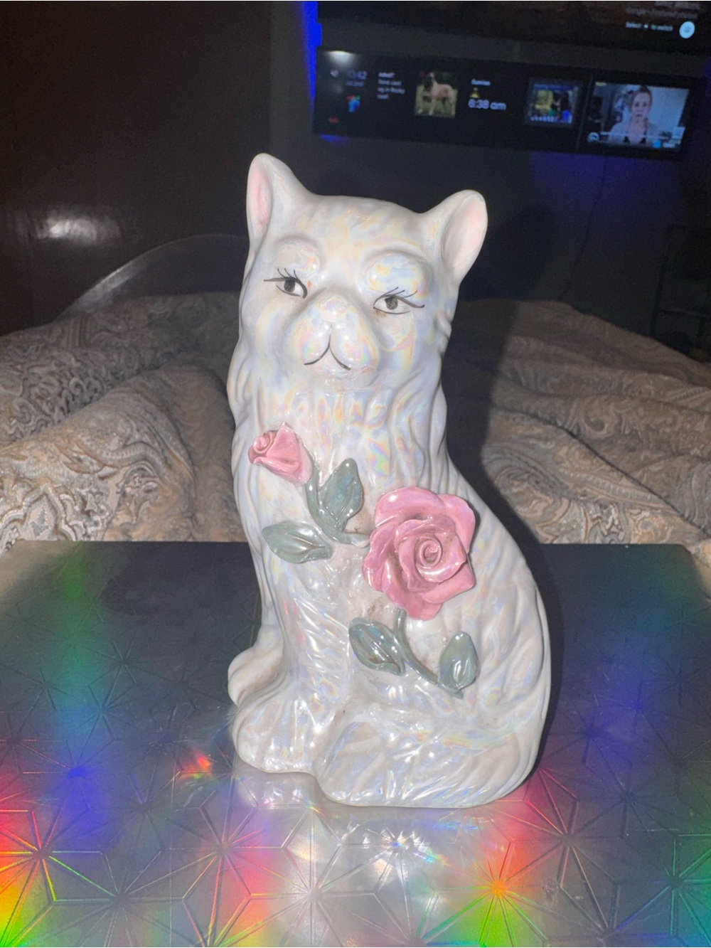 Vintage 80s Persian Cat Figurine White Porcelain Hand Painted Pink Roses 6.5"